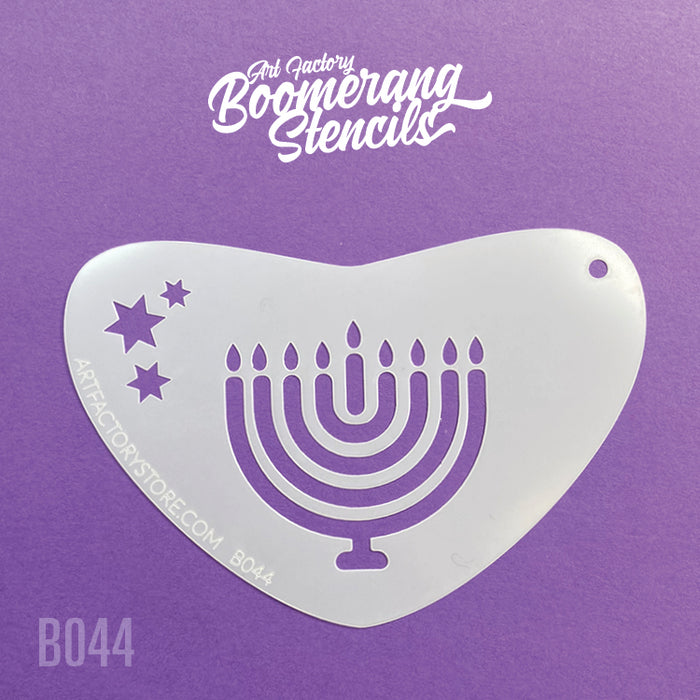 A white boomerang-shaped stencil with a Menorah design and stars on a purple background.