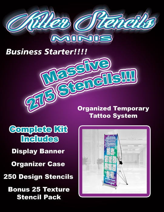 Killer Stencils® Airbrush Temporary Tattoo Banner System | 275 Organized Tattoo Stencils with Professional Display & Storage Case