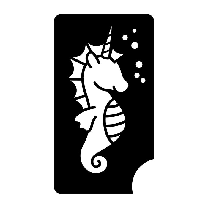 Seahorse unicorn three-layer stencil for face paint and body art, ideal for parties. Glitter tattoos last 3-7 days.