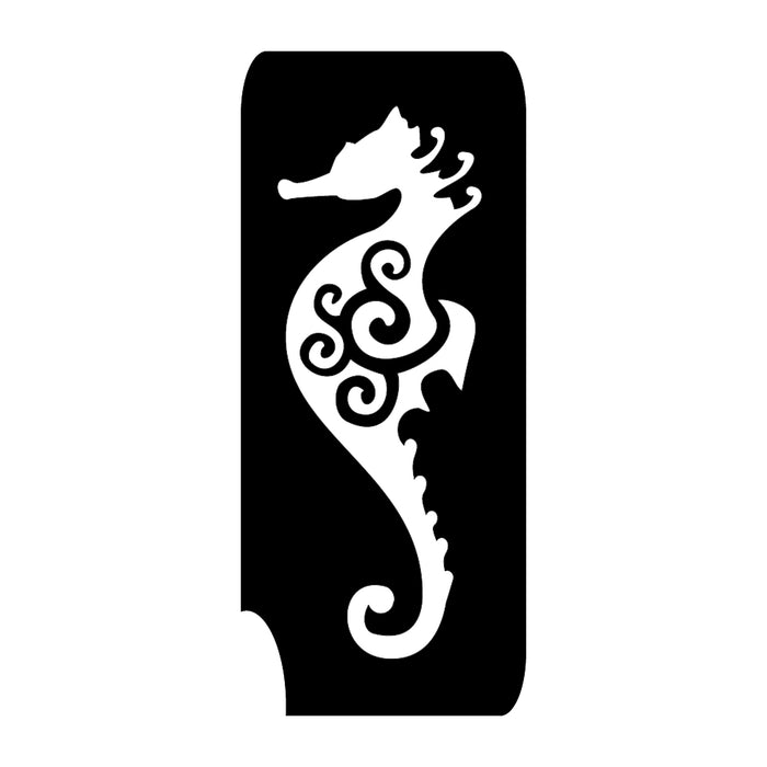 Whimsical seahorse three-layer stencil for face paint and body art, perfect for under-the-sea parties. Glitter tattoos last 3-7 days.