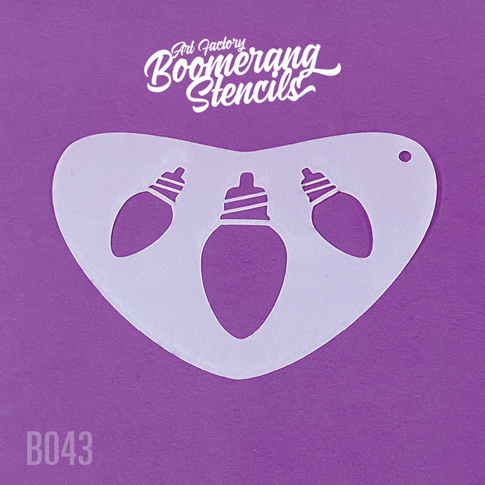 A white, boomerang shaped stencil with Christmas light bulb designs