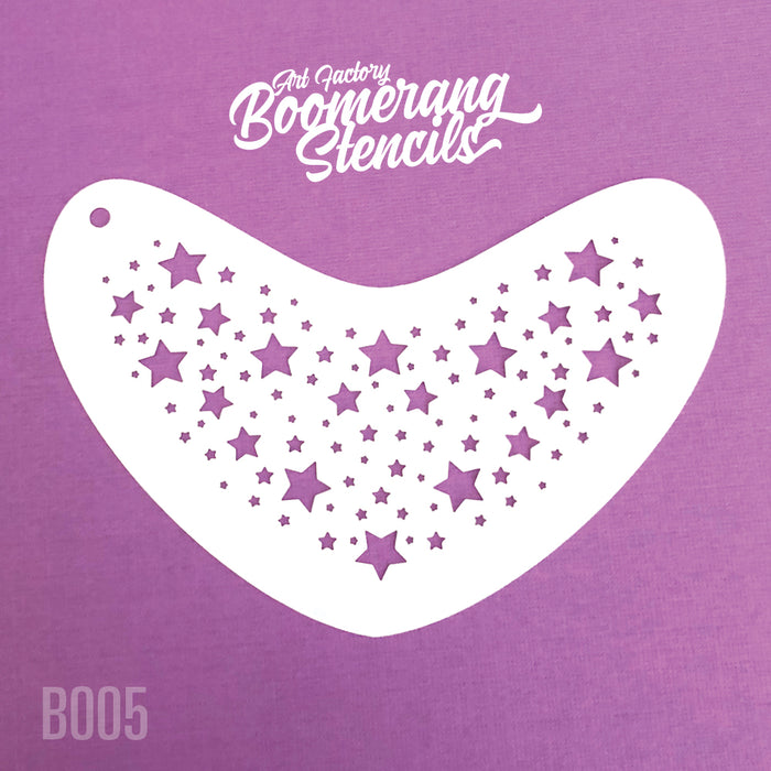 multi-size star design on a boomerang shaped stencil 