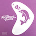 A white, dolphin-shaped stencil with a splash design, displayed on a purple background