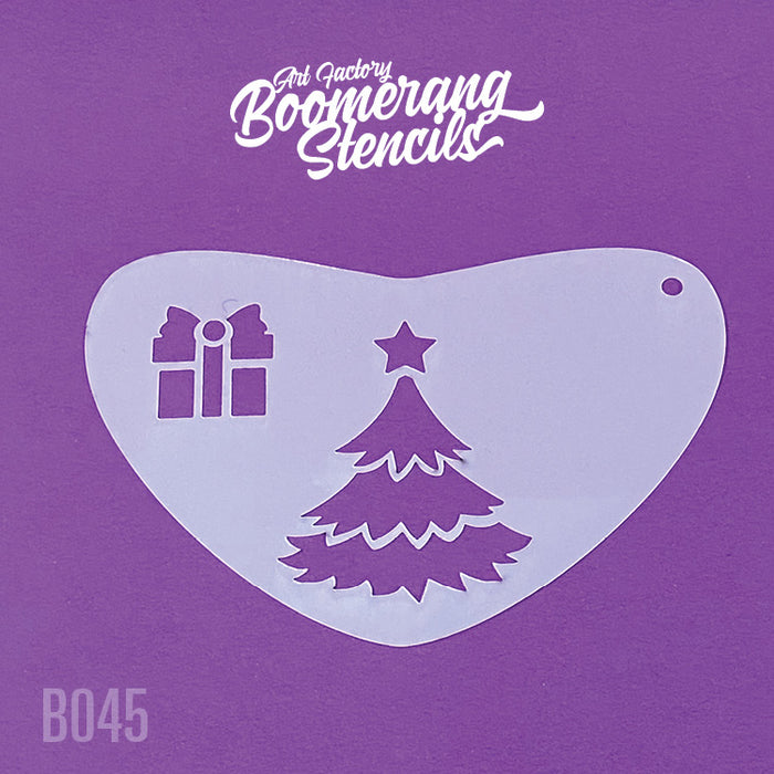 A Christmas Tree-shaped stencil with a star and gift design