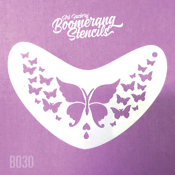 Multi sized butterfly design on a boomerang shaped stencil 