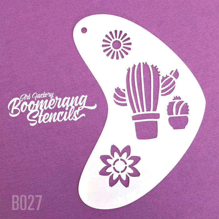 A white, boomerang-shaped stencil with cactus and flower designs