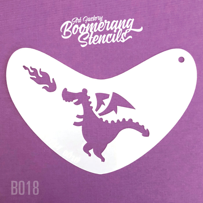 A white, boomerang-shaped stencil with a dragon design