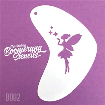 boomerang shaped stencil featuring the silhouette of a fairy blowing a star kiss
