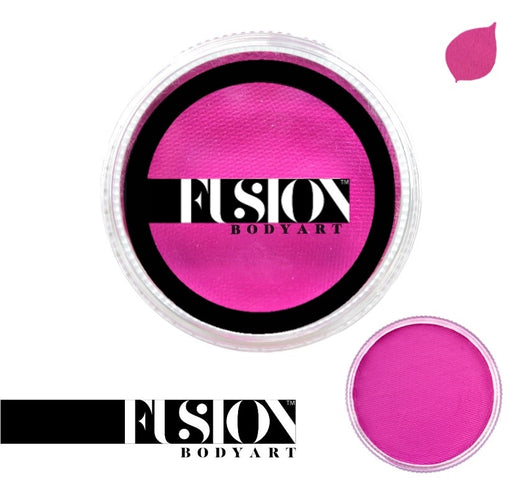 A container of Fusion Body Art Paint in a bright magenta color, labeled Fusion Body Art Paint, with an application guide and a small leaf illustration.
