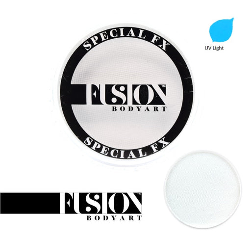 This image features a compact 32-gram container of Fusion Body Art & FX UV Neon White face paint. The product is presented in a round, black container with a clear lid, allowing the neon white color of the paint to be visibly striking.