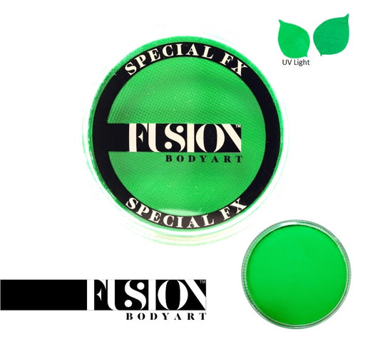 A container of Fusion Body Art & FX UV Neon Green face paint with its lid off, showing the bright green color of the paint. The product is labeled for Special FX and UV light usage.