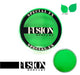 A container of Fusion Body Art & FX UV Neon Green face paint with its lid off, showing the bright green color of the paint. The product is labeled for Special FX and UV light usage.