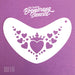A white boomerang-shaped stencil with heart and crown designs on a purple background