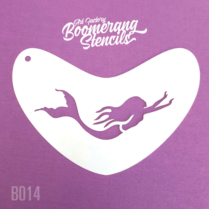 A white boomerang-shaped stencil with a design of a swimming mermaid