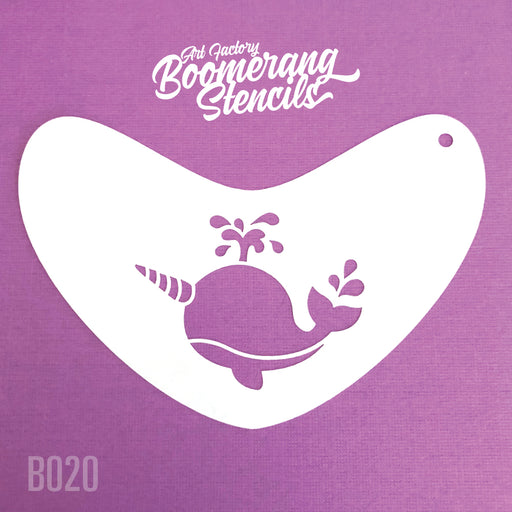 A white boomerang-shaped stencil with a narwhal design