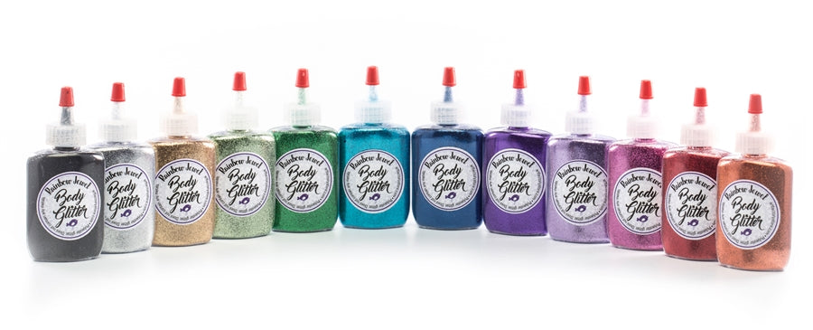 12-Set Rainbow Jewel Body Glitters in 1oz Round Squeeze Bottles