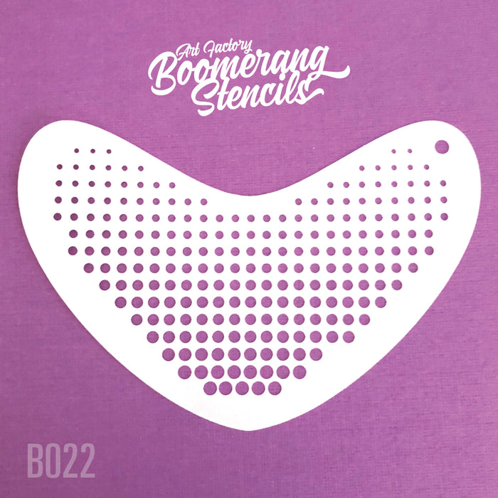 A white, boomerang shaped stencil with a pattern of dots 