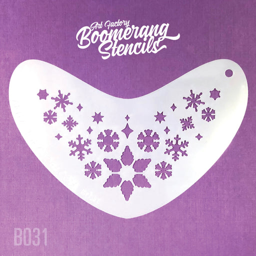A boomerang stencil with a snowflake pattern used for face painting or airbrush