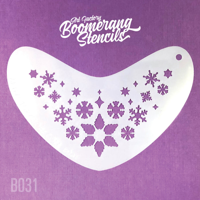 A boomerang stencil with a snowflake pattern used for face painting or airbrush