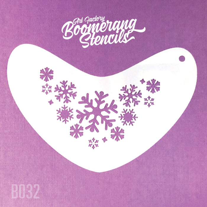 A white, boomerang-shaped stencil with multiple snowflake designs