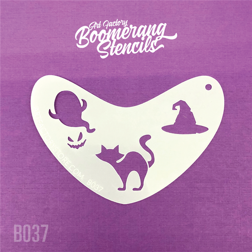 A white boomerang-shaped stencil with Halloween-themed cut-outs, including a ghost, a cat, and a witch's hat, on a purple background .