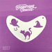 A white boomerang-shaped stencil with Halloween-themed cut-outs, including a ghost, a cat, and a witch's hat, on a purple background .