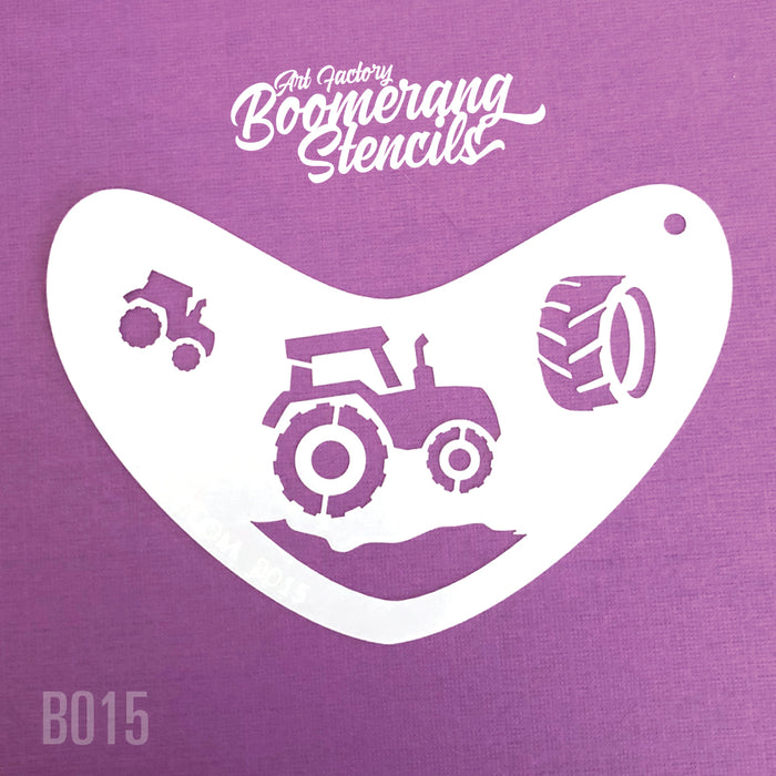 A white boomerang-shaped stencil with a tractor and tire design on it