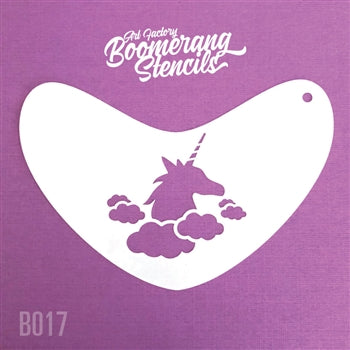 A boomerang stencil of a unicorn with clouds